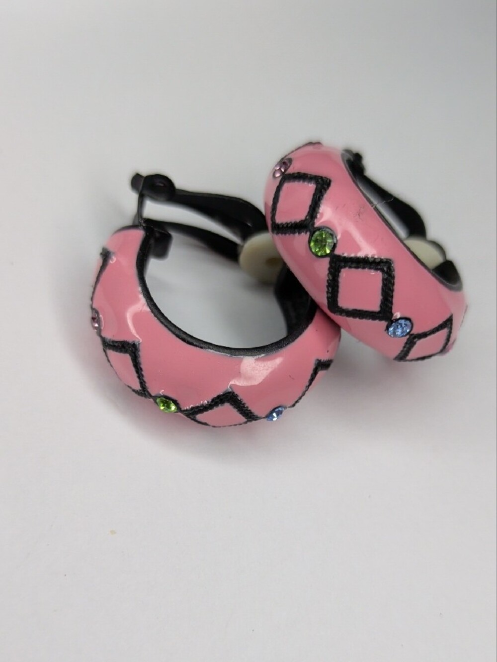 Vintage 80s Pink Enamel Hoop Earrings w/ Colorful Crystals 1" Clip-on
